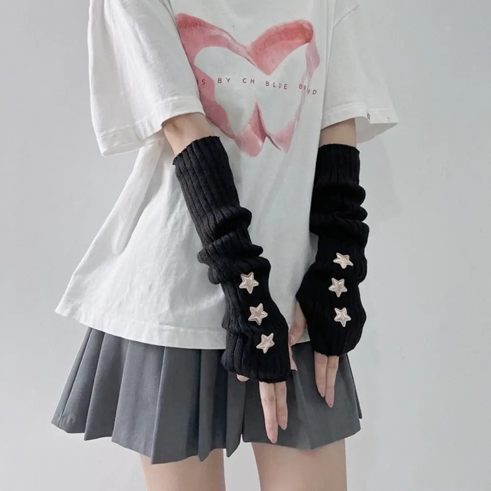 Fingerless Long Wrist Gloves False Sleeves Arm Warmers Knitted Gloves Finger Sleeves Cover Black White Half Finger Gloves