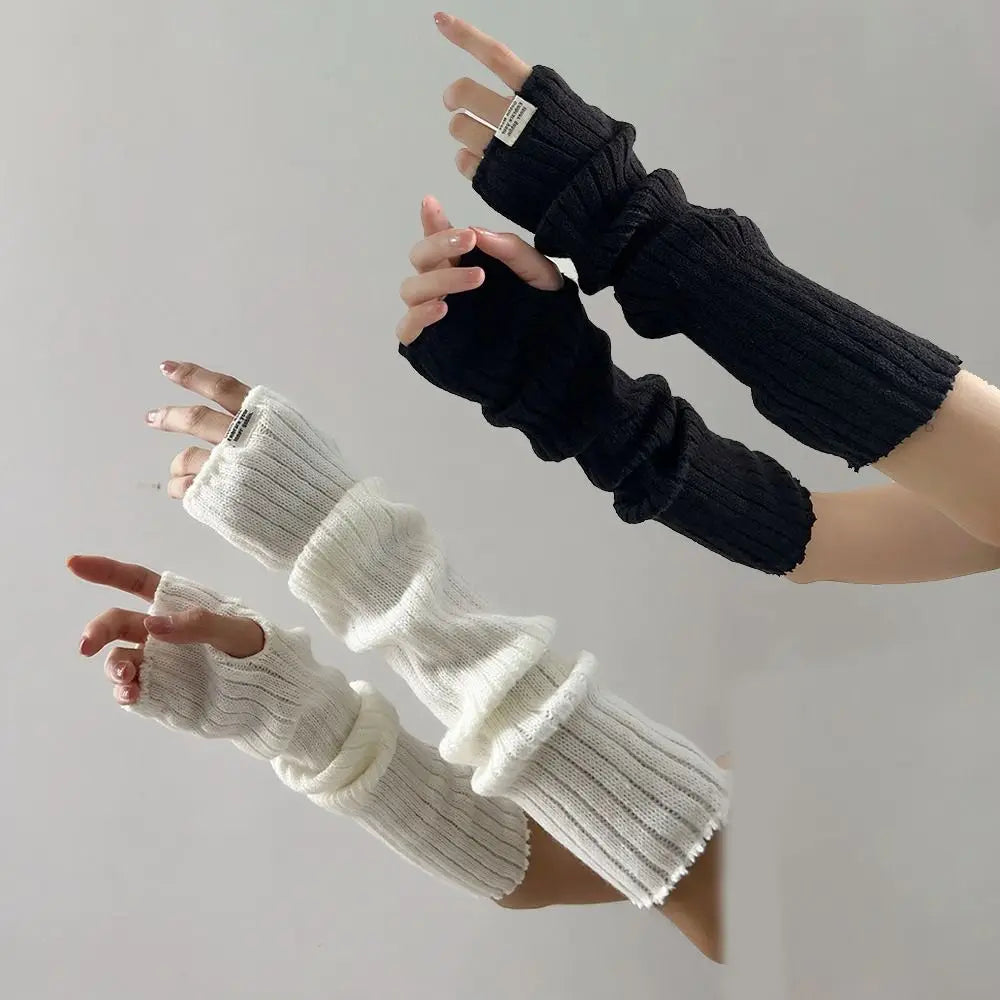 Fingerless Long Wrist Gloves False Sleeves Arm Warmers Knitted Gloves Finger Sleeves Cover Black White Half Finger Gloves