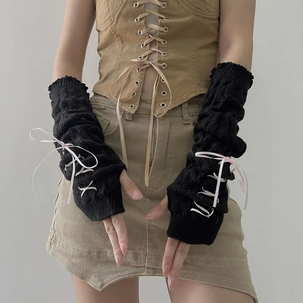 Fingerless Long Wrist Gloves False Sleeves Arm Warmers Knitted Gloves Finger Sleeves Cover Black White Half Finger Gloves