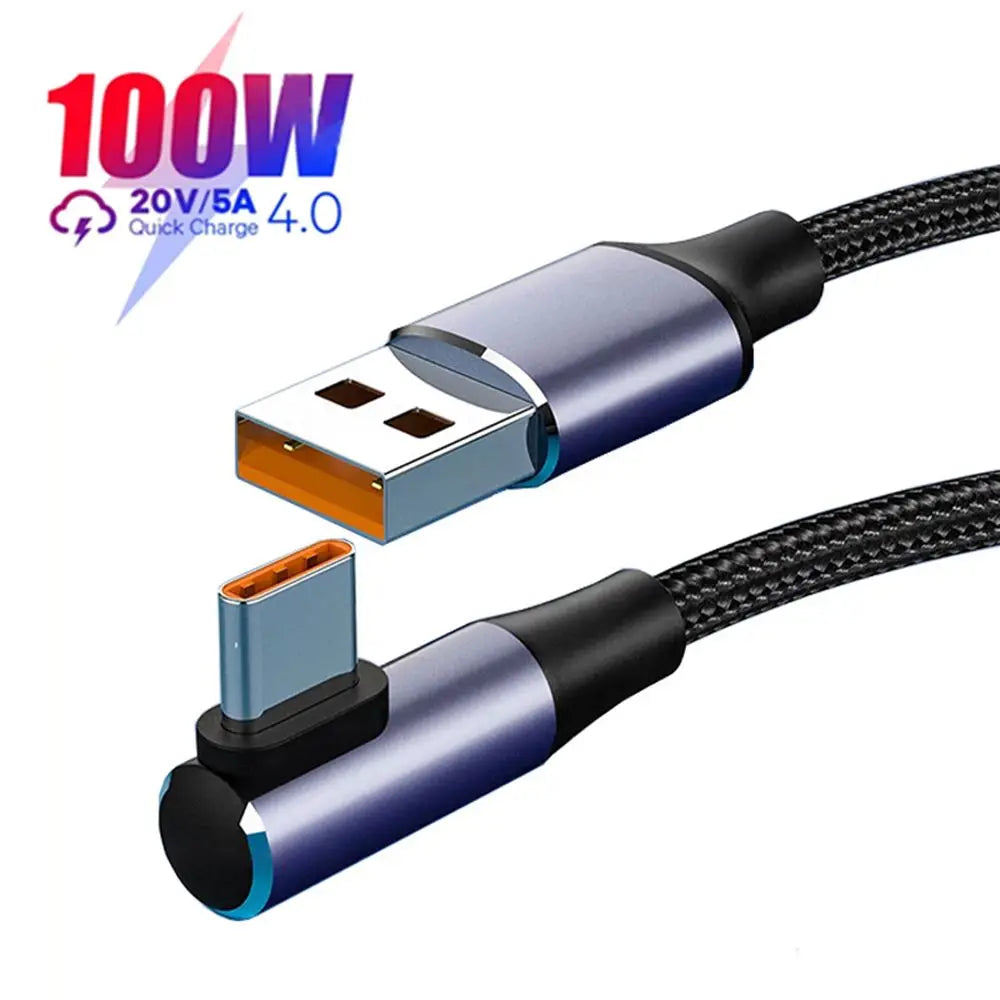 90 Degree Quick Charge 4.0 Data Line PD 100W Fast Charging USB A to USB Type C Cable Right Angle