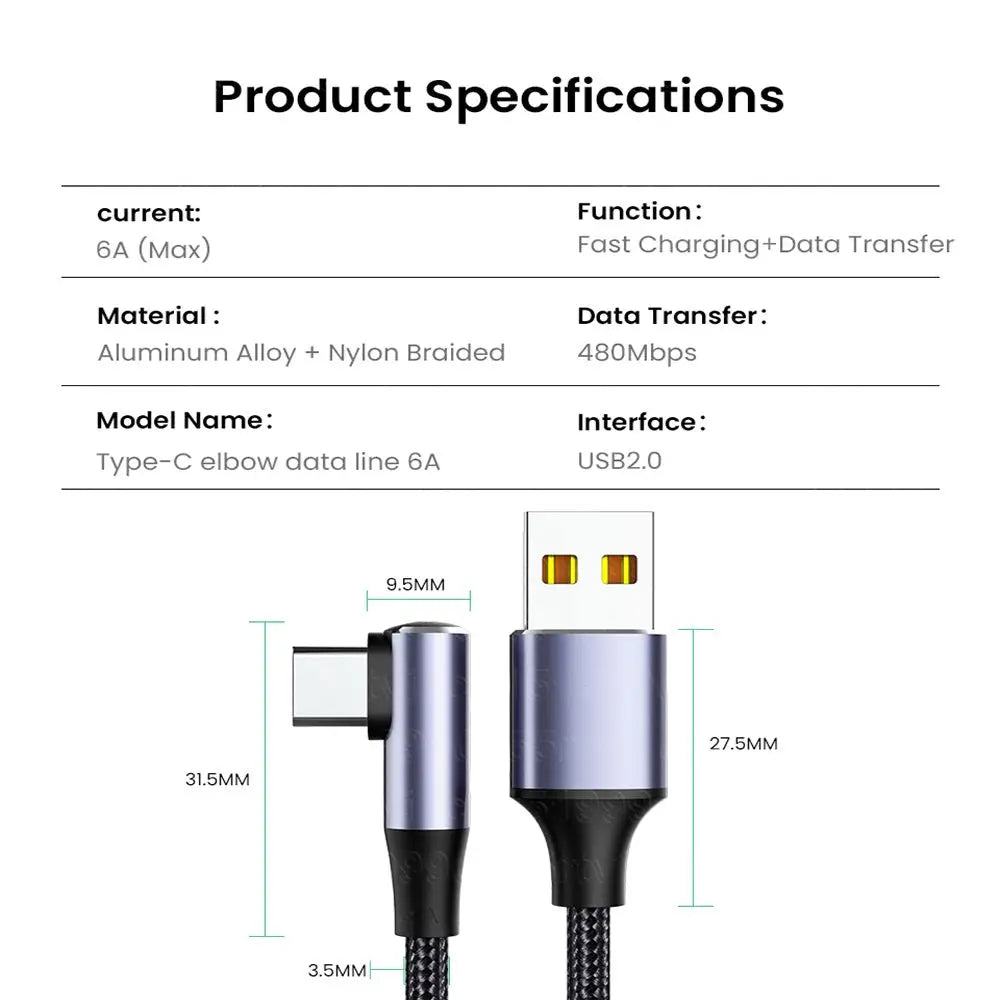 90 Degree Quick Charge 4.0 Data Line PD 100W Fast Charging USB A to USB Type C Cable Right Angle