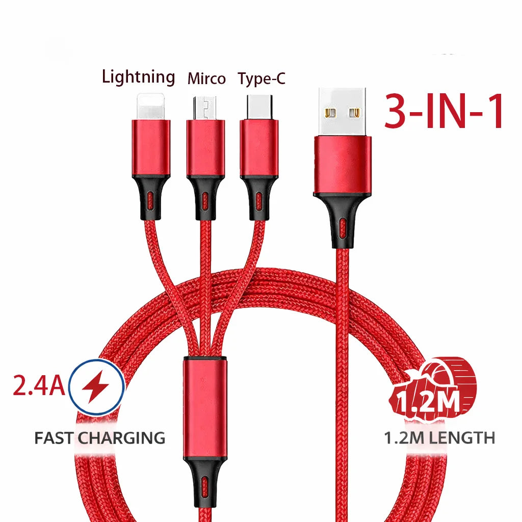 3-in-1 Fast Charging Cable for iPhone, Xiaomi, USB-C, Micro USB, 1.2m Multi-Port USB Charger Cord for Phones, Tablets & Devices
