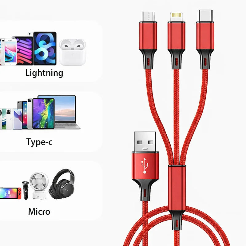 3-in-1 Fast Charging Cable for iPhone, Xiaomi, USB-C, Micro USB, 1.2m Multi-Port USB Charger Cord for Phones, Tablets & Devices