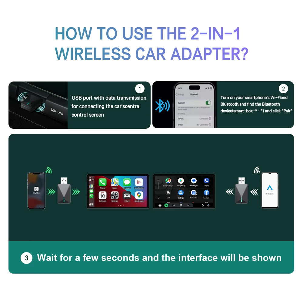 New Mini U3 Grey 2 in 1 Wireless Carplay Adapter Bluetooth WiFi Auto Connect Wireless Android Auto Dongle OTA Online Upgrade