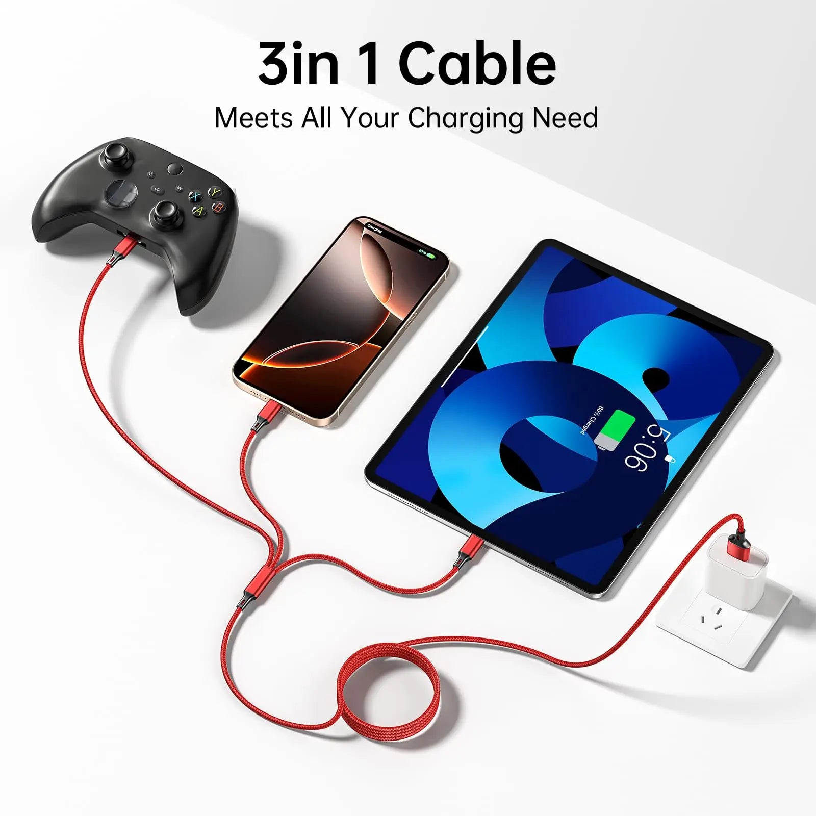 3-in-1 Fast Charging Cable for iPhone, Xiaomi, USB-C, Micro USB, 1.2m Multi-Port USB Charger Cord for Phones, Tablets & Devices