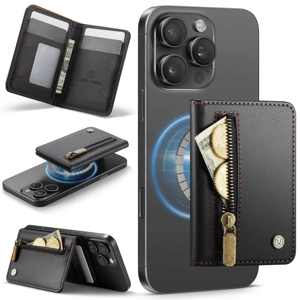 Magnetic Card Holder Wallet for Magnetic Phones & Cases for iPhone 17/16/15/14/13/12 Pro/Max, 4-Slot RFID Blocking Zipper Pocket