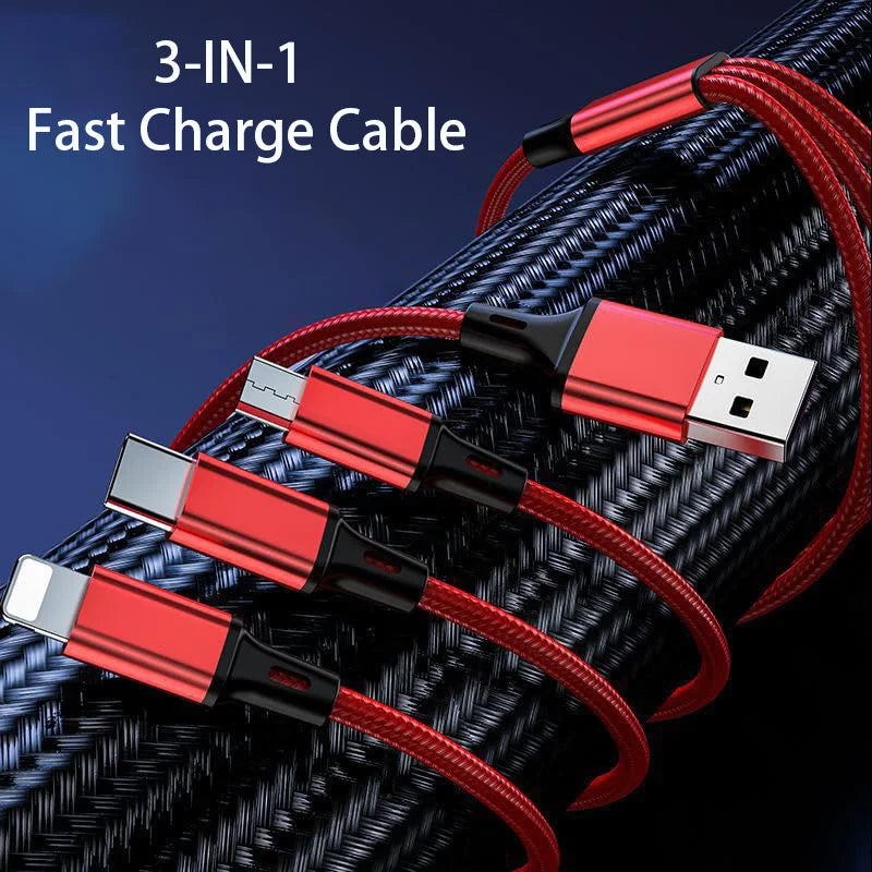 3-in-1 Fast Charging Cable for iPhone, Xiaomi, USB-C, Micro USB, 1.2m Multi-Port USB Charger Cord for Phones, Tablets & Devices