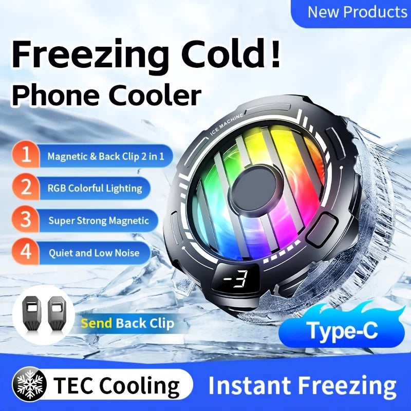 Phone Cooler, Magnetic Fan Small USB Fan for Gaming with Removable Grip, Semiconductor Cooling RGB Radiator