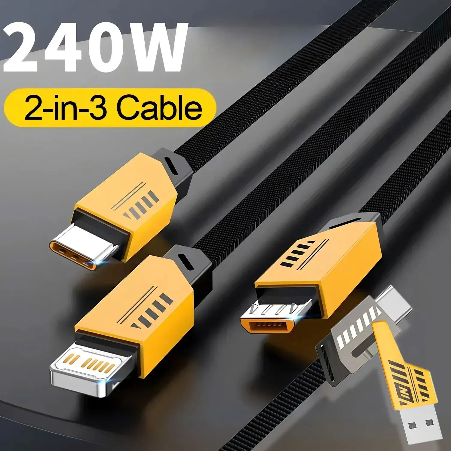3 In 2 240W Fast Charging Cord For Micro USB Type C Charger Cable 1.2m Multi Usb Port Multiple Usb Charg Cord For iphone huawei