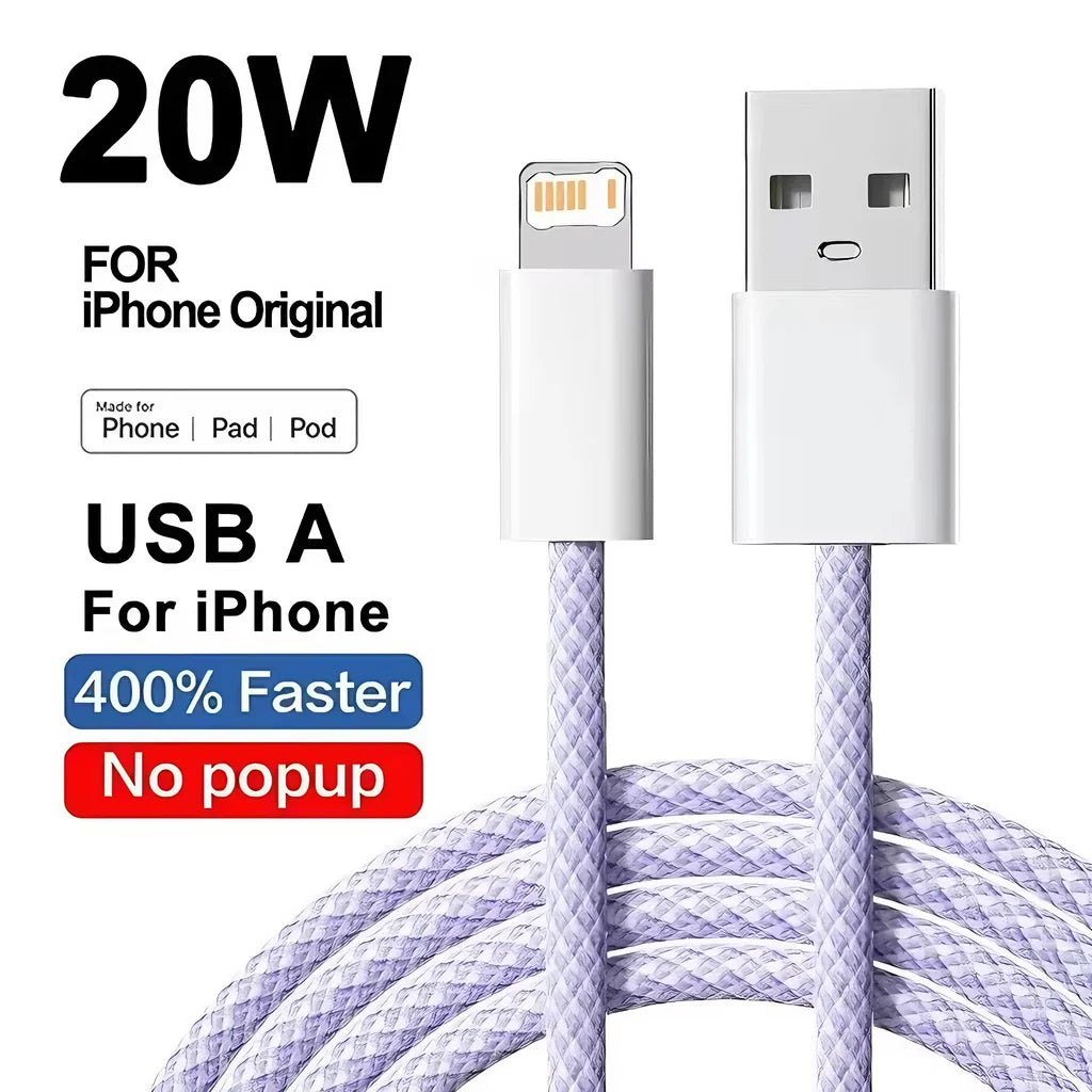 20W Braided Fast Charging USB Cable For iPhone X XR XS 6 6S 7 8 Plus 11 12 Mini 13 14 Pro Max  Rapid Charge Phone Cables 1m 2m