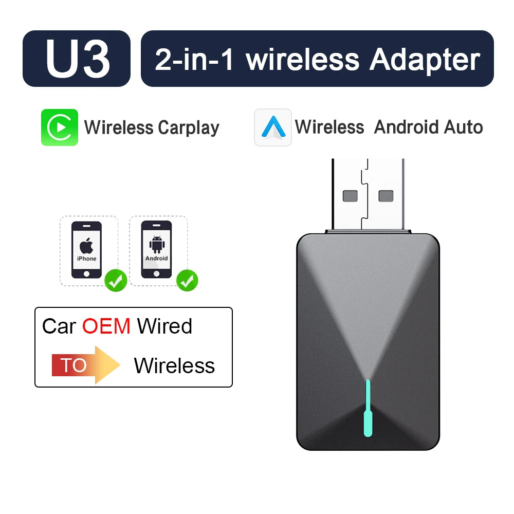 New Mini U3 Grey 2 in 1 Wireless Carplay Adapter Bluetooth WiFi Auto Connect Wireless Android Auto Dongle OTA Online Upgrade