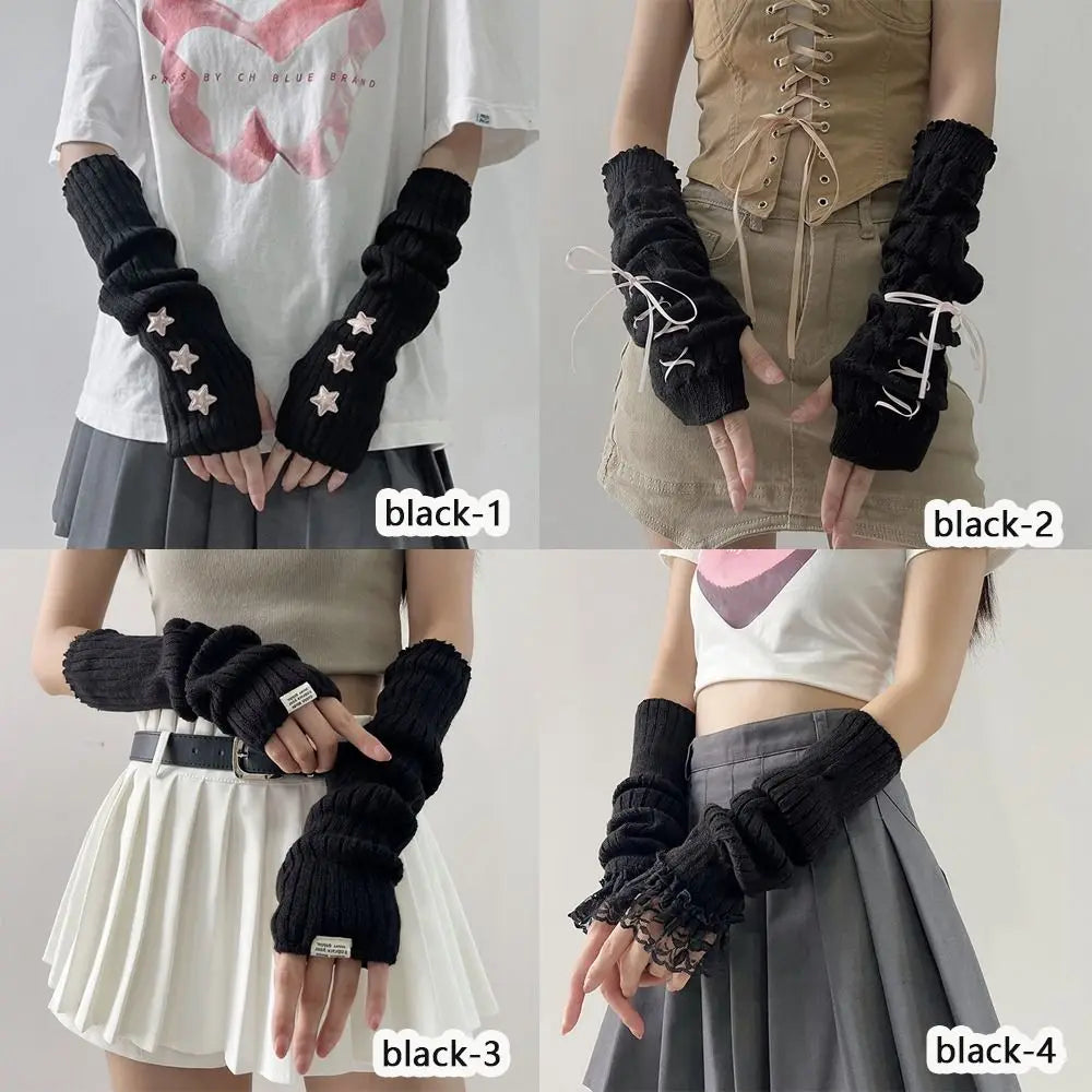 Fingerless Long Wrist Gloves False Sleeves Arm Warmers Knitted Gloves Finger Sleeves Cover Black White Half Finger Gloves