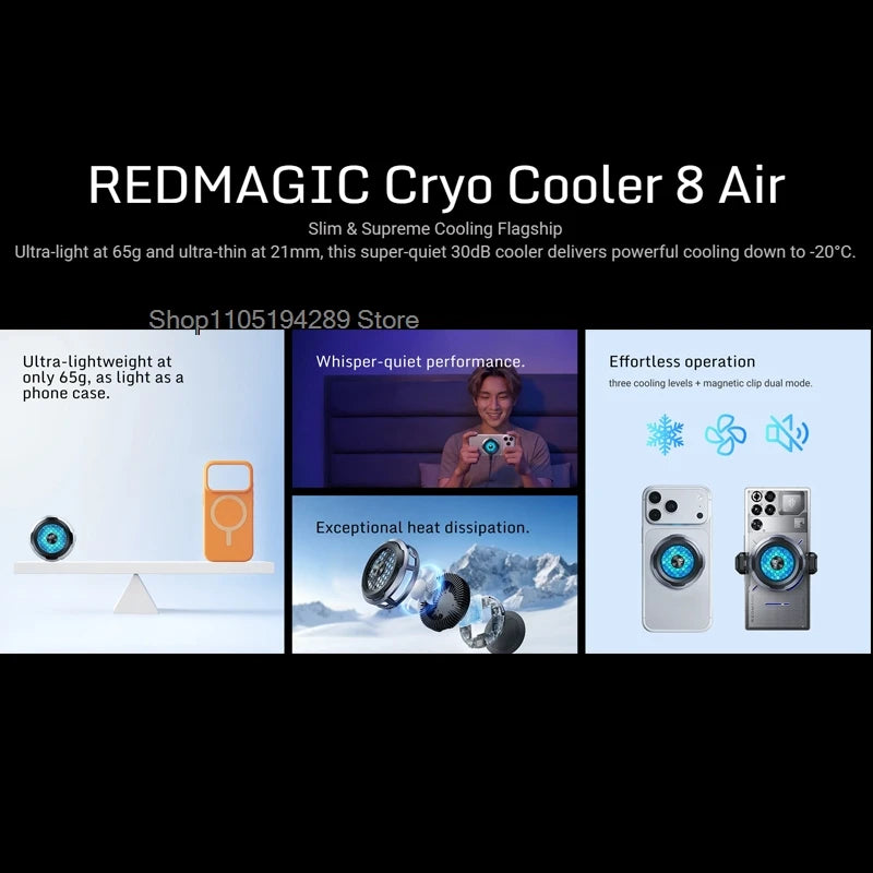 Redmagic Cryo Cooler 8 Air Magnetic Phone Cooler 65g Ultra Light 21mm Ultra Thin 30dB Low Noise -20°C Semiconductor Cooling