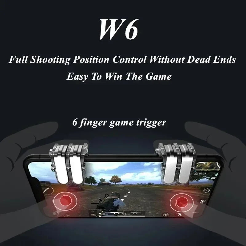 W6 Mobile Phone Game Trigger 6 Finger Aim Shooting Free Fire L1R1 ABS Key Button Gaming Joystick Controller for IOS Android PUBG