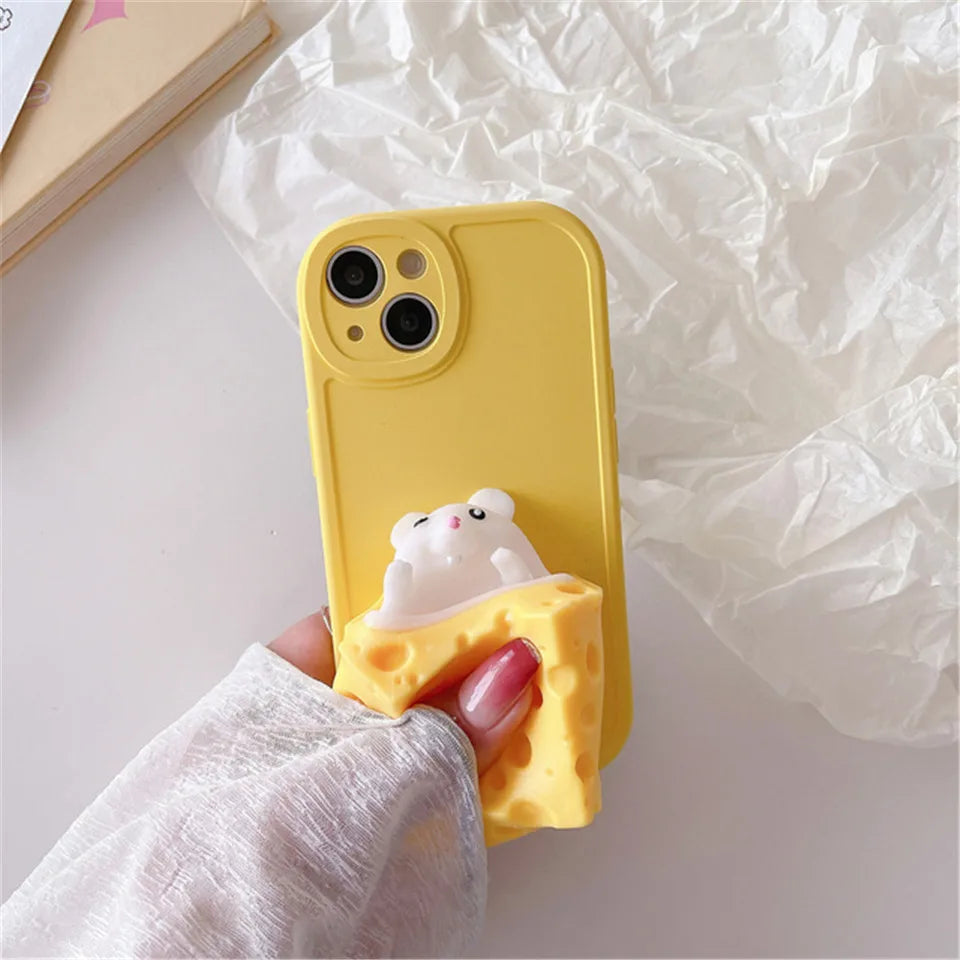 Cute Soft Squishy Yellow Cheese Mouse Phone Case For Iphone X XR XS 11 12 13 Pro Max 7 8 Plus Back Cover Coque Reliver Stress