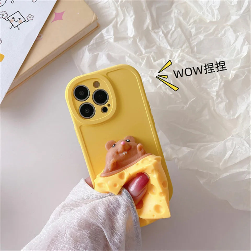 Cute Soft Squishy Yellow Cheese Mouse Phone Case For Iphone X XR XS 11 12 13 Pro Max 7 8 Plus Back Cover Coque Reliver Stress