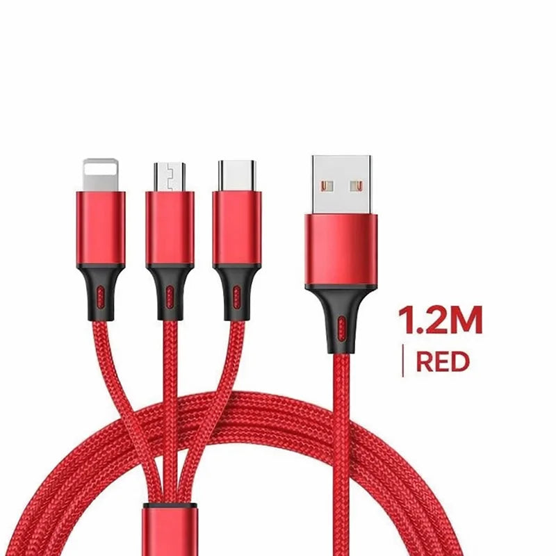 3-in-1 Fast Charging Cable for iPhone, Xiaomi, USB-C, Micro USB, 1.2m Multi-Port USB Charger Cord for Phones, Tablets & Devices