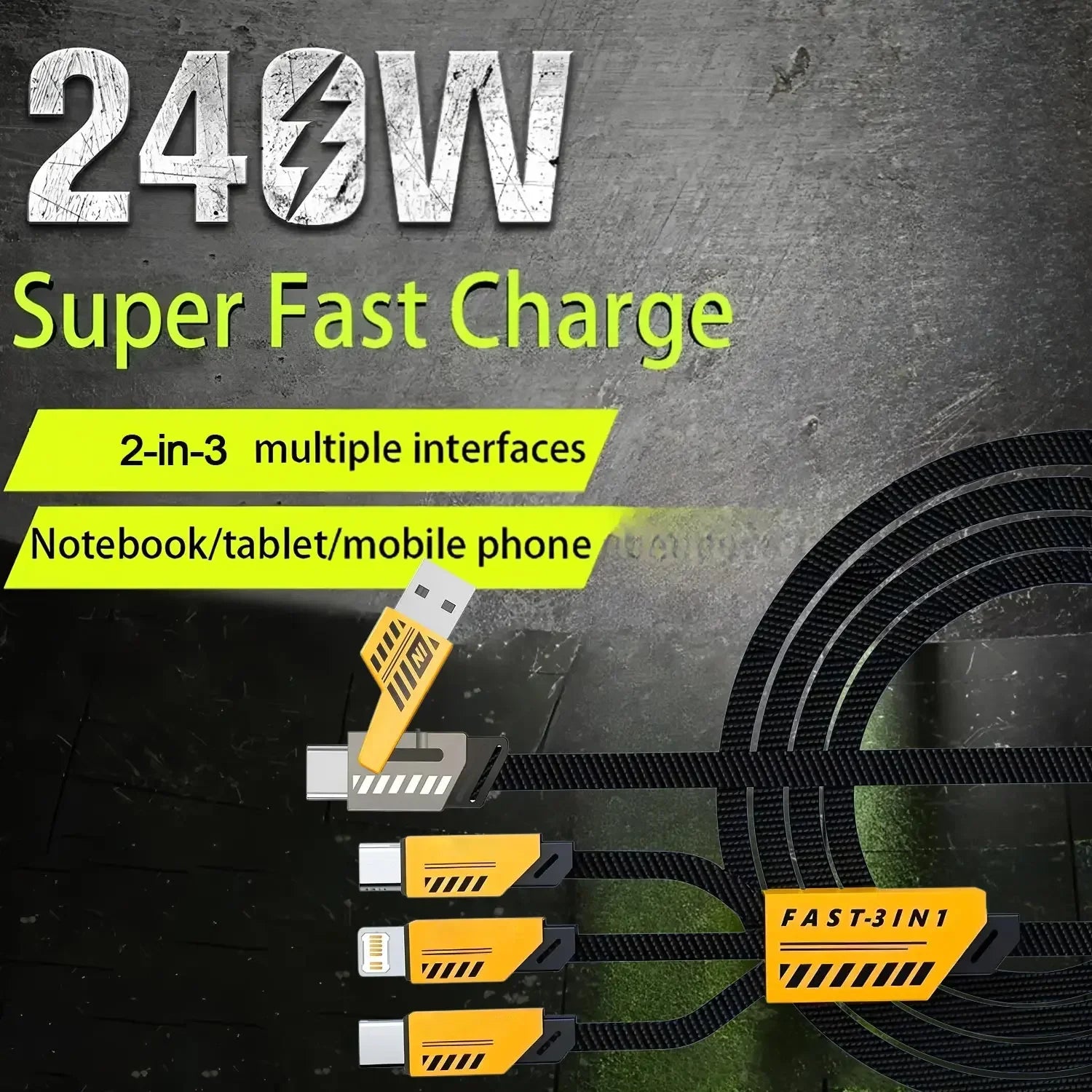 3 In 2 240W Fast Charging Cord For Micro USB Type C Charger Cable 1.2m Multi Usb Port Multiple Usb Charg Cord For iphone huawei