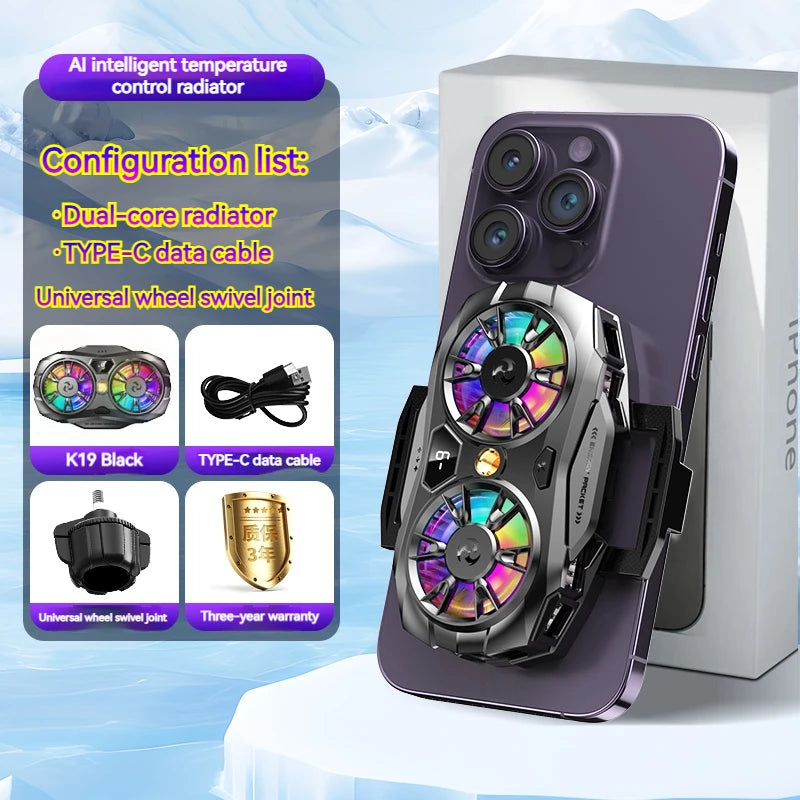 K19 Semiconductor Phone Cooler Radiator with Dual-Core Digital Temperature Display Efficient Cooling Solution for Game Heavy Use