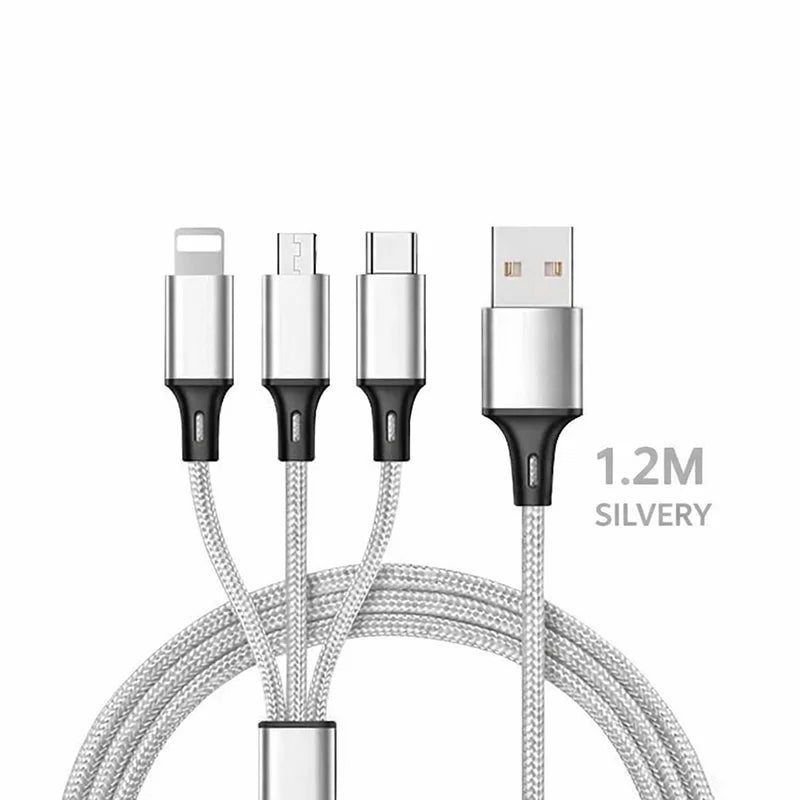 3-in-1 Fast Charging Cable for iPhone, Xiaomi, USB-C, Micro USB, 1.2m Multi-Port USB Charger Cord for Phones, Tablets & Devices
