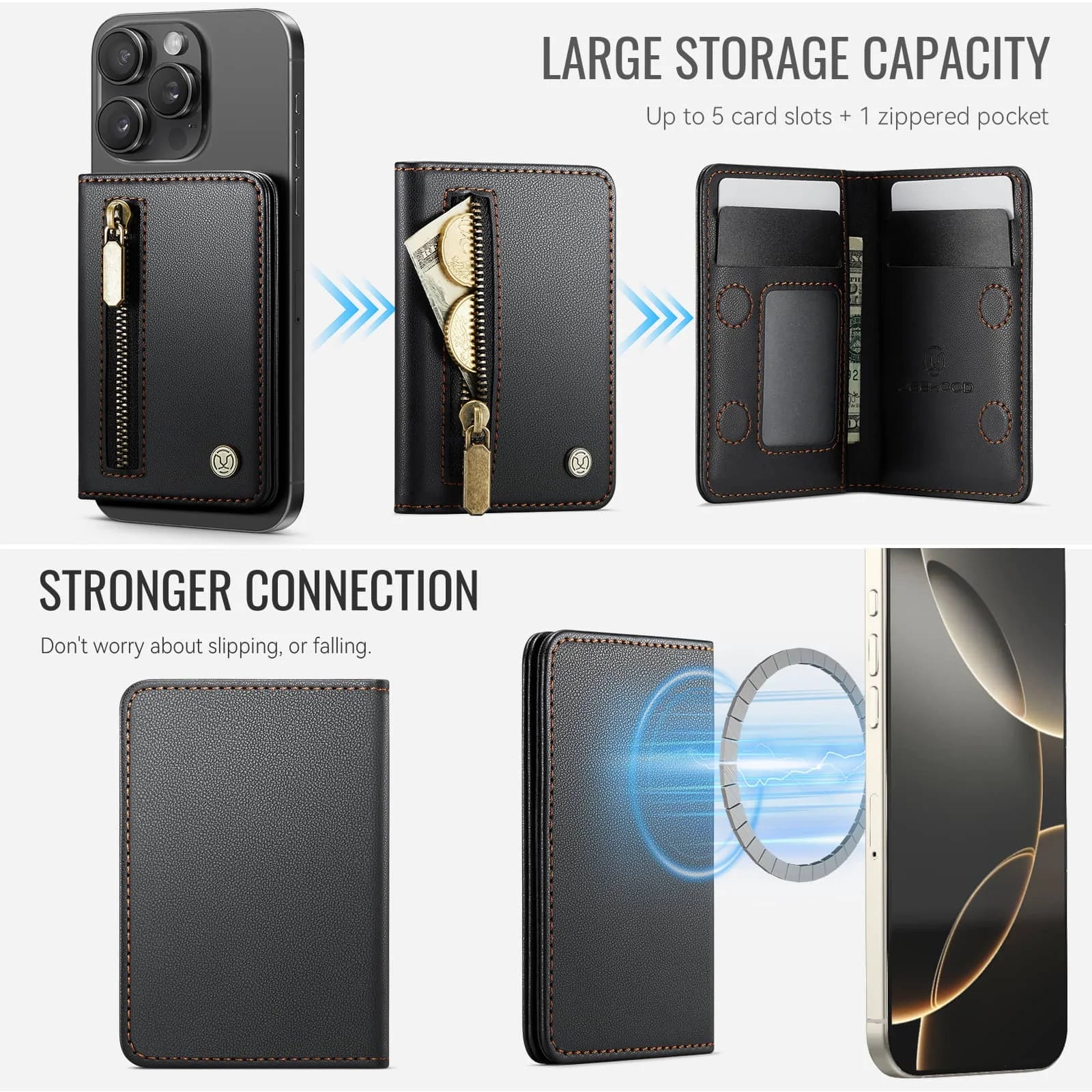 Magnetic Card Holder Wallet for Magnetic Phones & Cases for iPhone 17/16/15/14/13/12 Pro/Max, 4-Slot RFID Blocking Zipper Pocket