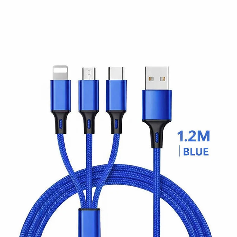 3-in-1 Fast Charging Cable for iPhone, Xiaomi, USB-C, Micro USB, 1.2m Multi-Port USB Charger Cord for Phones, Tablets & Devices
