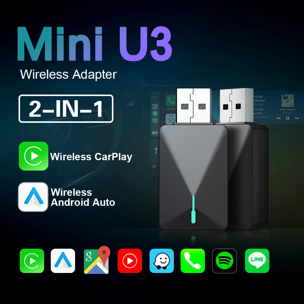 New Mini U3 Grey 2 in 1 Wireless Carplay Adapter Bluetooth WiFi Auto Connect Wireless Android Auto Dongle OTA Online Upgrade