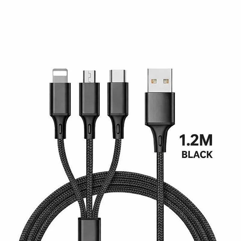 3-in-1 Fast Charging Cable for iPhone, Xiaomi, USB-C, Micro USB, 1.2m Multi-Port USB Charger Cord for Phones, Tablets & Devices