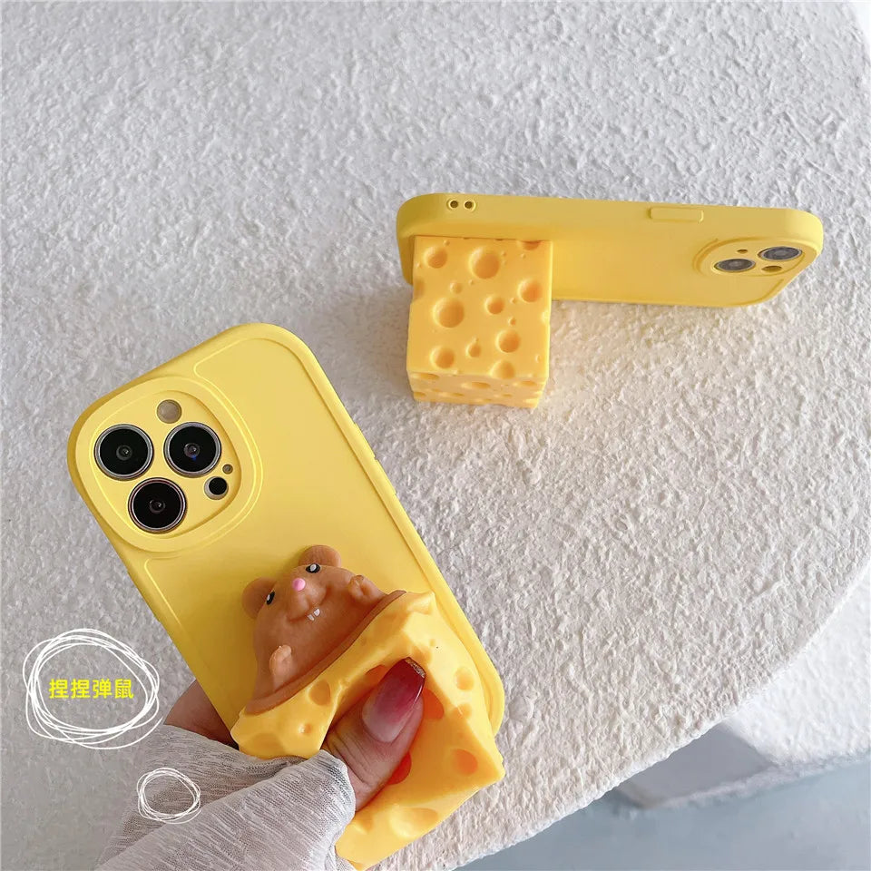 Cute Soft Squishy Yellow Cheese Mouse Phone Case For Iphone X XR XS 11 12 13 Pro Max 7 8 Plus Back Cover Coque Reliver Stress