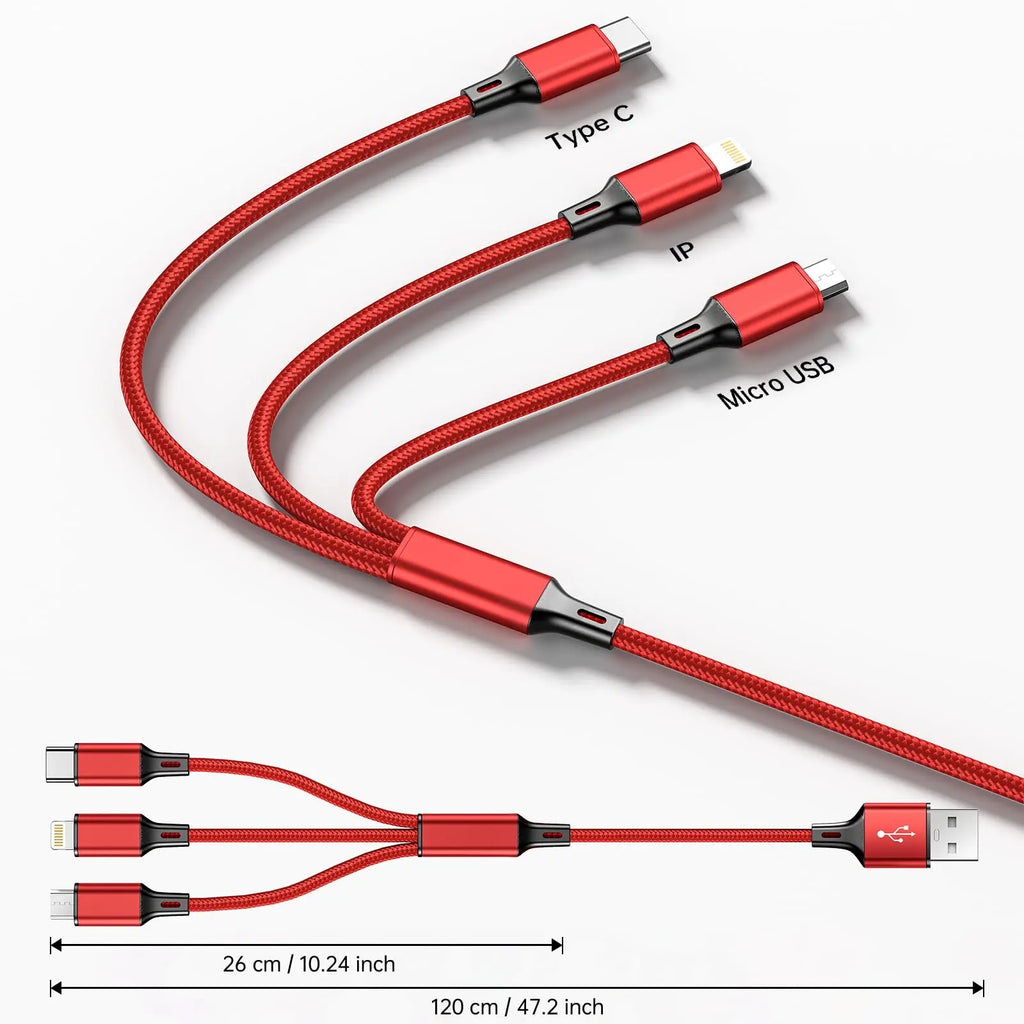 3-in-1 Fast Charging Cable for iPhone, Xiaomi, USB-C, Micro USB, 1.2m Multi-Port USB Charger Cord for Phones, Tablets & Devices