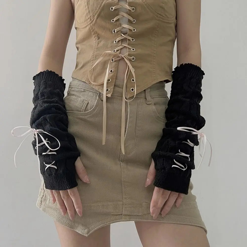 Fingerless Long Wrist Gloves False Sleeves Arm Warmers Knitted Gloves Finger Sleeves Cover Black White Half Finger Gloves